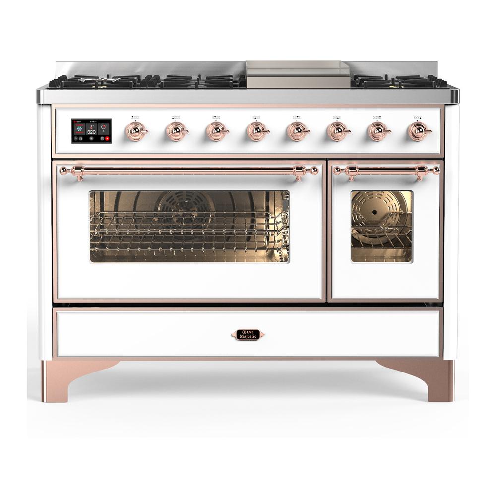 ILVE UM48FNR3WHP Majestic III 48 inch Dual Fuel Range with 8 Burners and Griddle, Dual Function Burner up to 25,000 BTU (Natural Gas, Triple Glass Door, White, Copper)