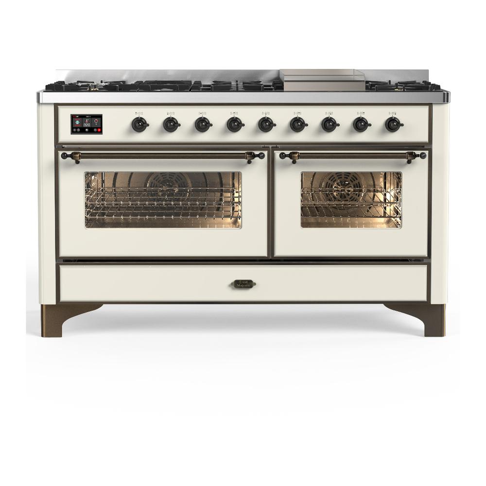 ILVE UM60FNR3AWB Majestic III 60 inch Dual Fuel Range with 9 Burners and Griddle, Dual Function Burner up to 25,000 BTU (Natural Gas, Triple Glass Door, Antique White, Burnished)