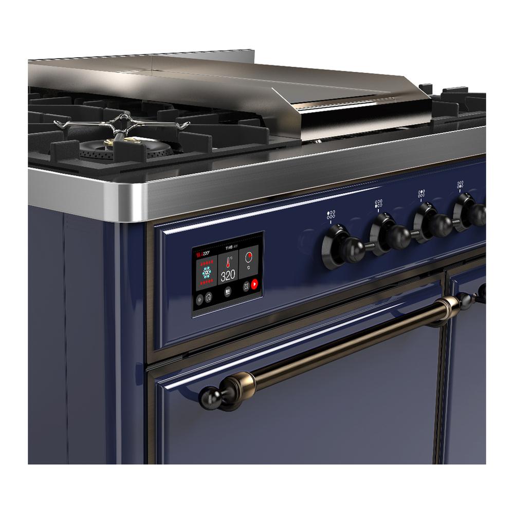 ILVE UMD40FQNR3MBB Majestic III 40 inch Dual Fuel Range with 6 Burners and Griddle, Dual Function Burner up to 25,000 BTU (Natural Gas, Solid Door, Midnight Blue, Burnished)