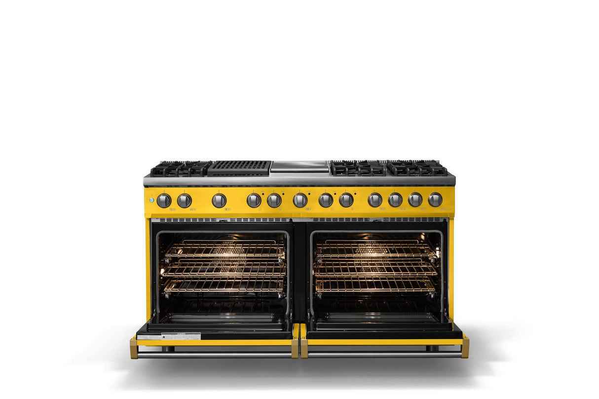 60"W.Dual Fuel Range (Finish: Daffodil, Trim: Brushed Brass, Fuel: Natural Gas)