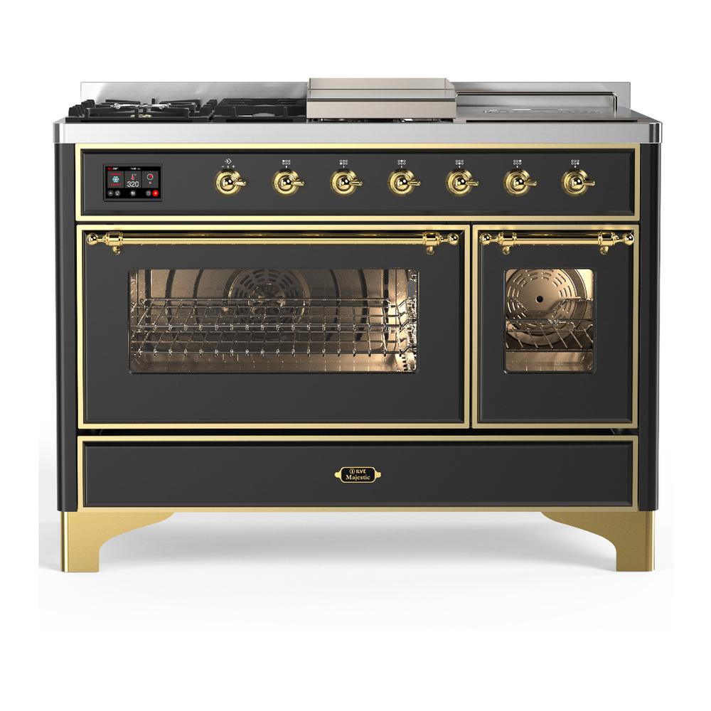 ILVE UM48FSNR3MGG Majestic III 48 inch Dual Fuel Range with 5 Black Brass Burners, Griddle and French Top, Dual Function Burner up to 25,000 BTU (Natural Gas, Triple Glass Door, Graphite Matte, Brass)