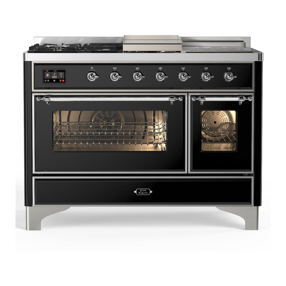 ILVE UM48FSNR3BKCLP Majestic III 48 inch Dual Fuel Range with 5 Black Brass Burners, Griddle and French Top, Dual Function Burner up to 25,000 BTU (Liquid Propane, Triple Glass Door, Glossy Black, Chrome)