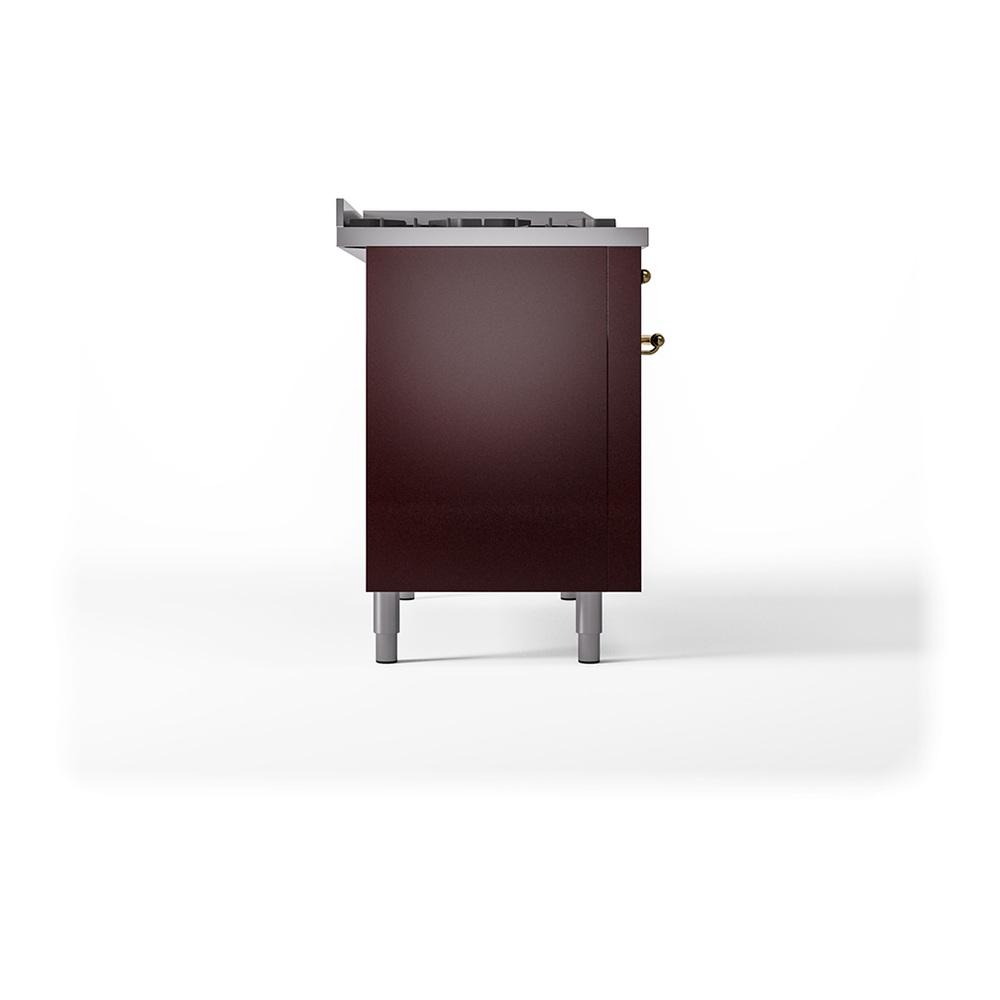 ILVE UN48FQNMPBUGLP Nostalgie II Noblesse 48 inch Dual Fuel Range (8 Sealed Burners + Griddle, Liquid Propane, Solid Door, Burgundy, Brass)