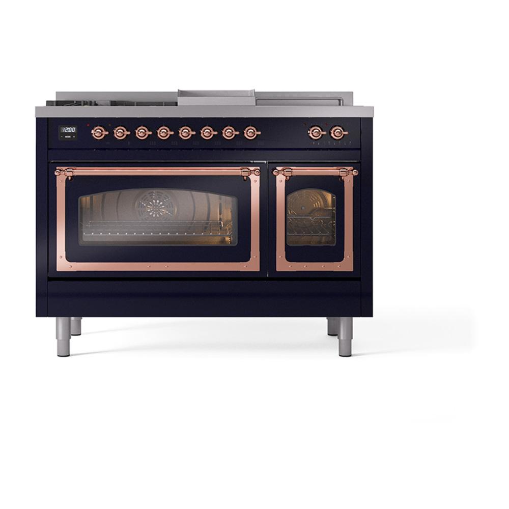 ILVE UN48FSNMPMBP Nostalgie II Noblesse 48 inch Dual Fuel Range (5 Sealed Burners + Griddle + French Top, Natural Gas, Triple Glass Door, Midnight Blue, Copper)