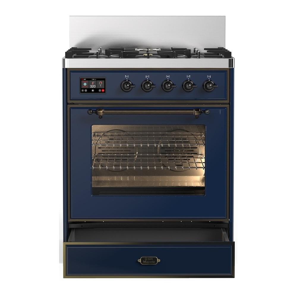 ILVE UM30NR3MBBLP Majestic III 30 inch Dual Fuel Range with 5 Black Brass Burners, Dual Function Burner up to 25,000 BTU (Liquid Propane, Triple Glass Door, Midnight Blue, Burnished)