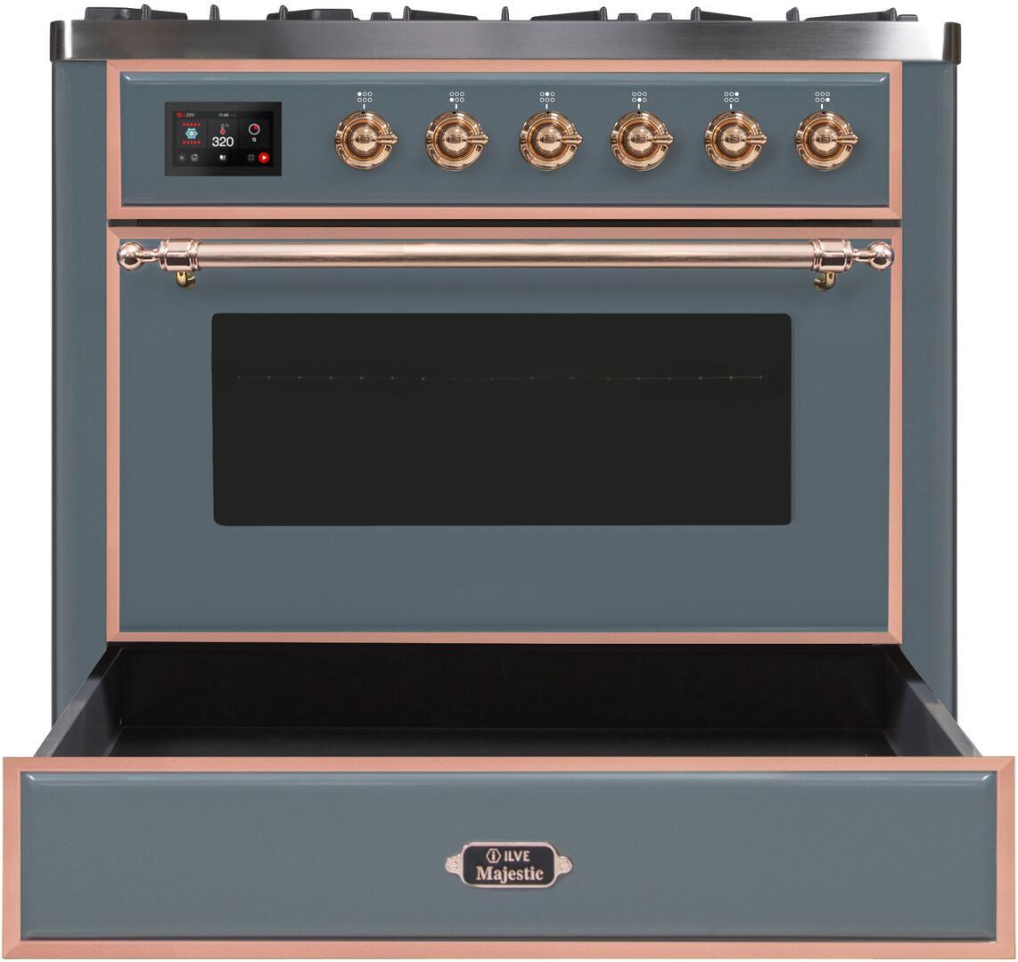 Majestic II 36 Inch Dual Fuel Natural Gas Freestanding Range in Blue Grey with Copper Trim