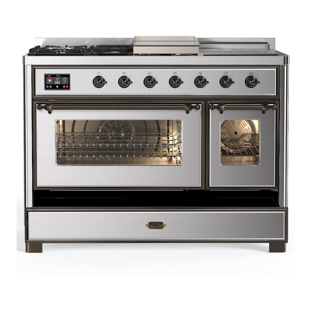 ILVE UM48FSNR3SSB Majestic III 48 inch Dual Fuel Range with 5 Black Brass Burners, Griddle and French Top, Dual Function Burner up to 25,000 BTU (Natural Gas, Triple Glass Door, Stainless Steel, Burnished)