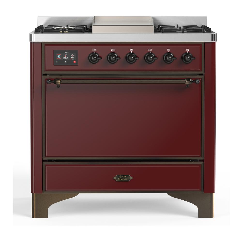 ILVE UM36FQNR3BUBLP Majestic III 36 inch Dual Fuel Range with 6 Black Brass Burners and Griddle, Dual Function Burner up to 25,000 BTU (Solid Door, Burgundy, Burnished, Liquid Propane)