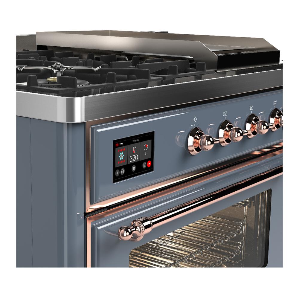 ILVE UM48FSNR3BGP Majestic III 48 inch Dual Fuel Range with 5 Black Brass Burners, Griddle and French Top, Dual Function Burner up to 25,000 BTU (Natural Gas, Triple Glass Door, Blue Grey, Copper)
