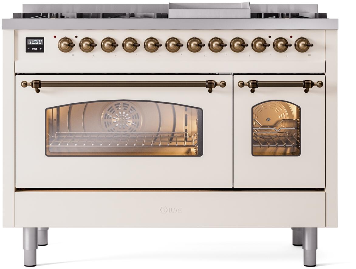 Nostalgie II 48 Inch Dual Fuel Liquid Propane Freestanding Range in Antique White with Bronze Trim
