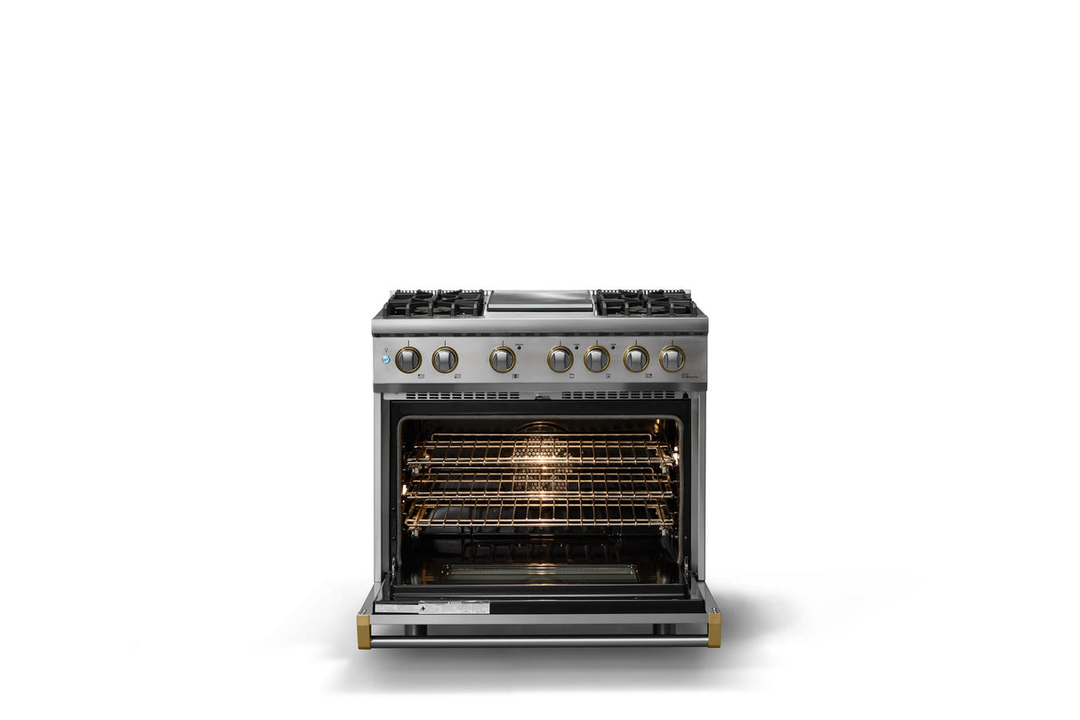 36"W. Dual Fuel Range (Burner: 4g, Finish: Stainless Steel, Trim: Brushed Brass, Fuel: Natural Gas)