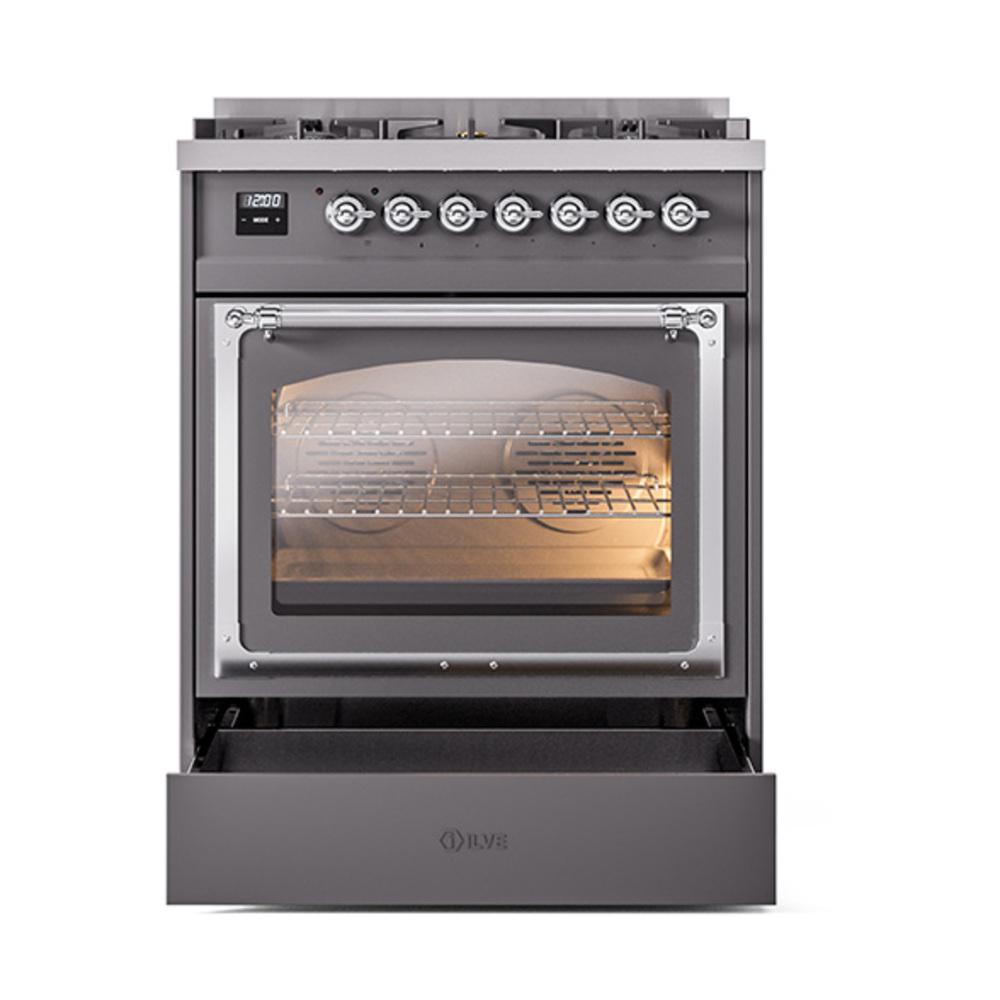 ILVE UN30NMPMGC Nostalgie II Noblesse 30 inch Dual Fuel Range (Natural Gas, Triple Glass Door, Graphite Matte, Chrome)
