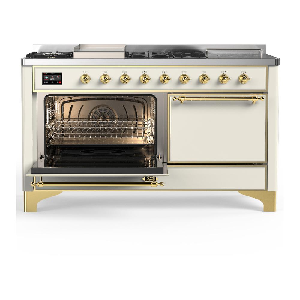 ILVE UM60FSQNR3AWG Majestic III 60 inch Dual Fuel Range with 7 Burners, Griddle and French Top, Dual Function Burner with up to 25,000 BTU (Natural Gas, Solid Door, Antique White, Brass)