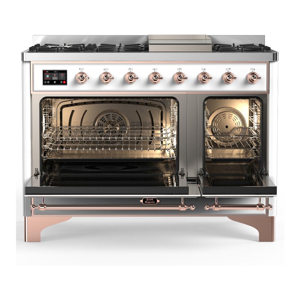 ILVE UM48FQNR3WHPLP Majestic III 48 inch Dual Fuel Range with 8 Burners and Griddle, Dual Function Burner up to 25,000 BTU (Liquid Propane, Solid Door, White, Copper)
