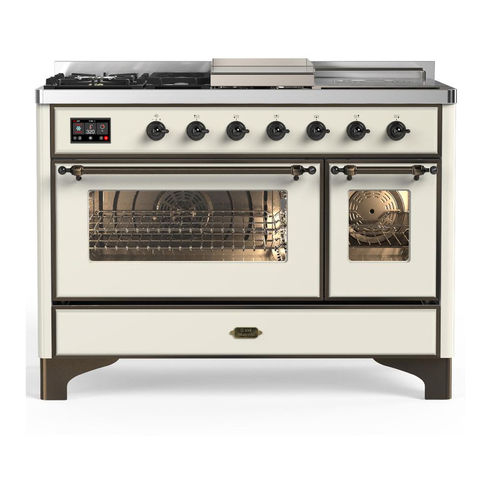 ILVE UM48FSNR3AWB Majestic III 48 inch Dual Fuel Range with 5 Black Brass Burners, Griddle and French Top, Dual Function Burner up to 25,000 BTU (Natural Gas, Triple Glass Door, Antique White, Burnished)