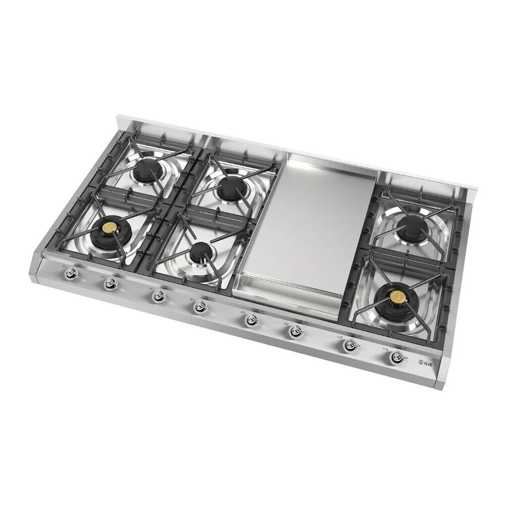 ILVE UHCP1265FNSSC Nostalgie II 48 inch Built-In Gas Cooktop with 8 Burners, Griddle, in Stainless Steel (Natural Gas, Chrome)
