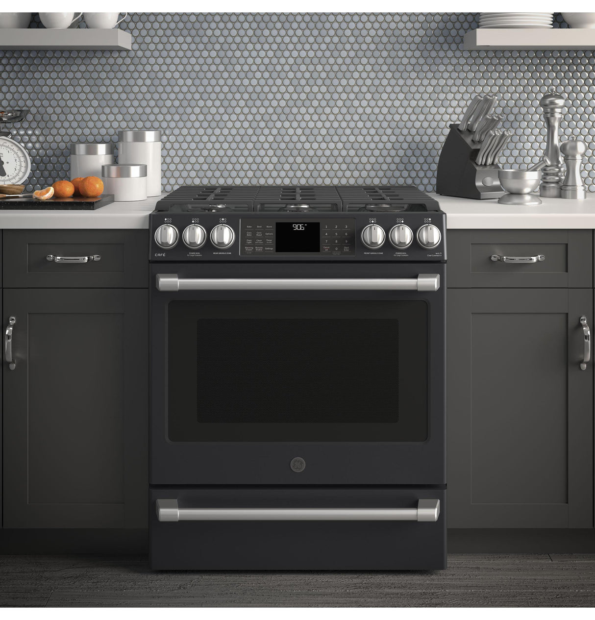 GE Café Series 30" Slide-In Front Control Range with Warming Drawer