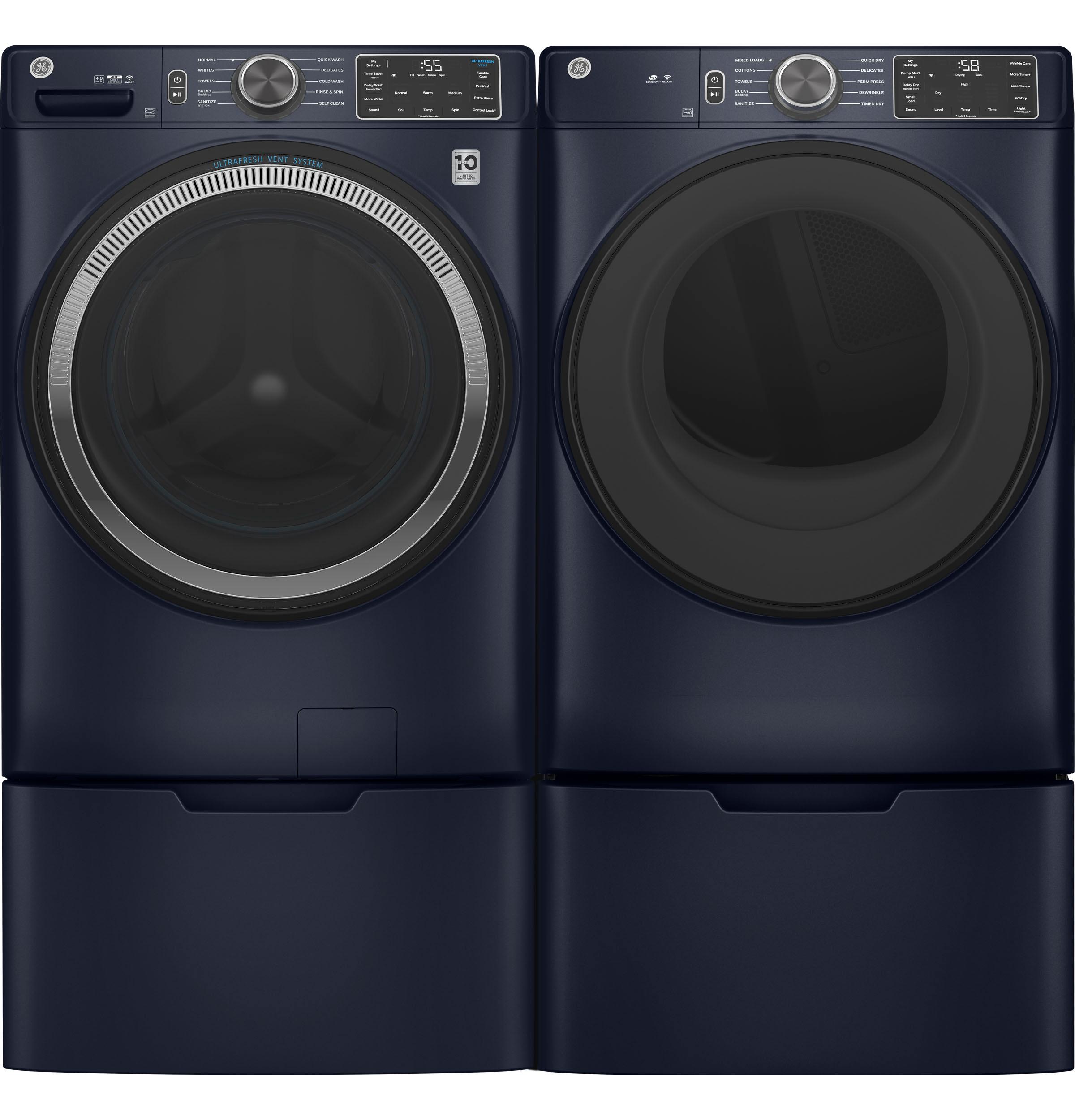 GE Appliances Sapphire Blue Front Load Washer & Electric Dryer Side-by-Side Set with Pedestals