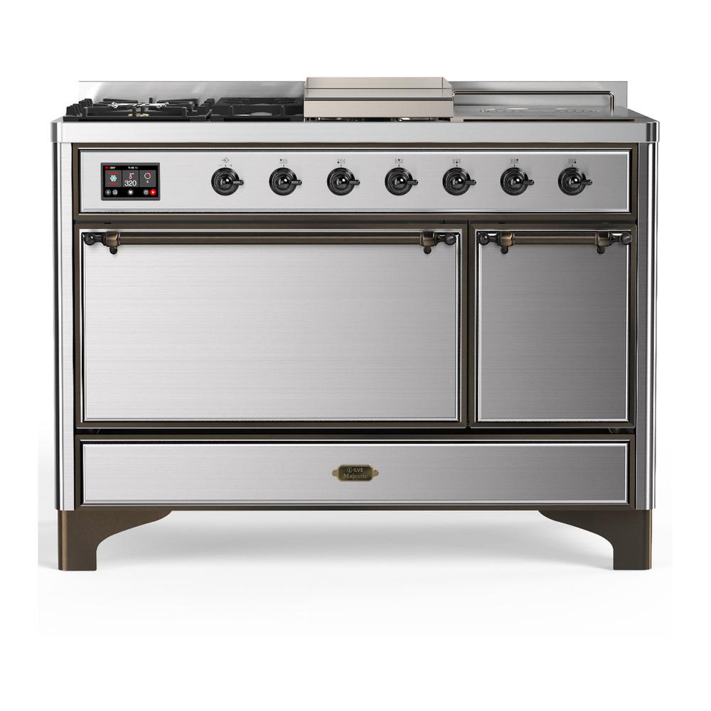 ILVE UM48FSQNR3SSB Majestic III 48 inch Dual Fuel Range with 5 Black Brass Burners, Griddle and French Top, Dual Function Burner up to 25,000 BTU (Natural Gas, Solid Door, Stainless Steel, Burnished)