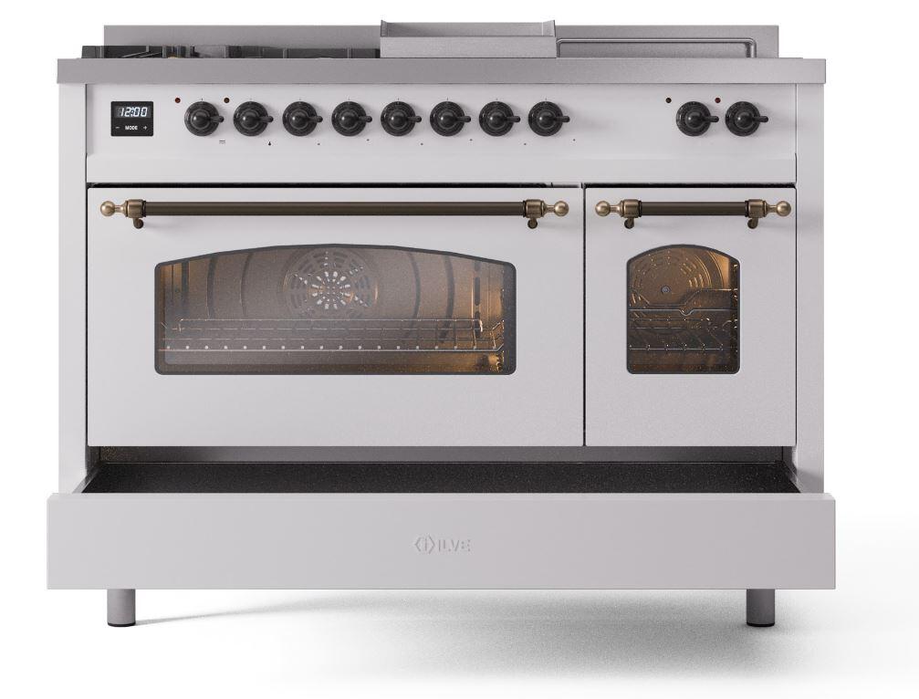 Nostalgie II 48 Inch Dual Fuel Liquid Propane Freestanding Range in White with Bronze Trim