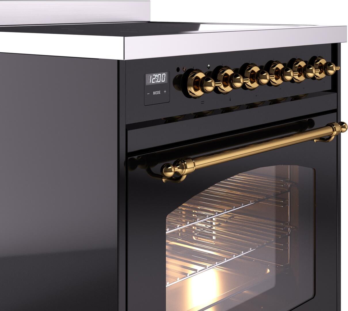 Nostalgie II 30 Inch Electric Freestanding Range in Glossy Black with Brass Trim