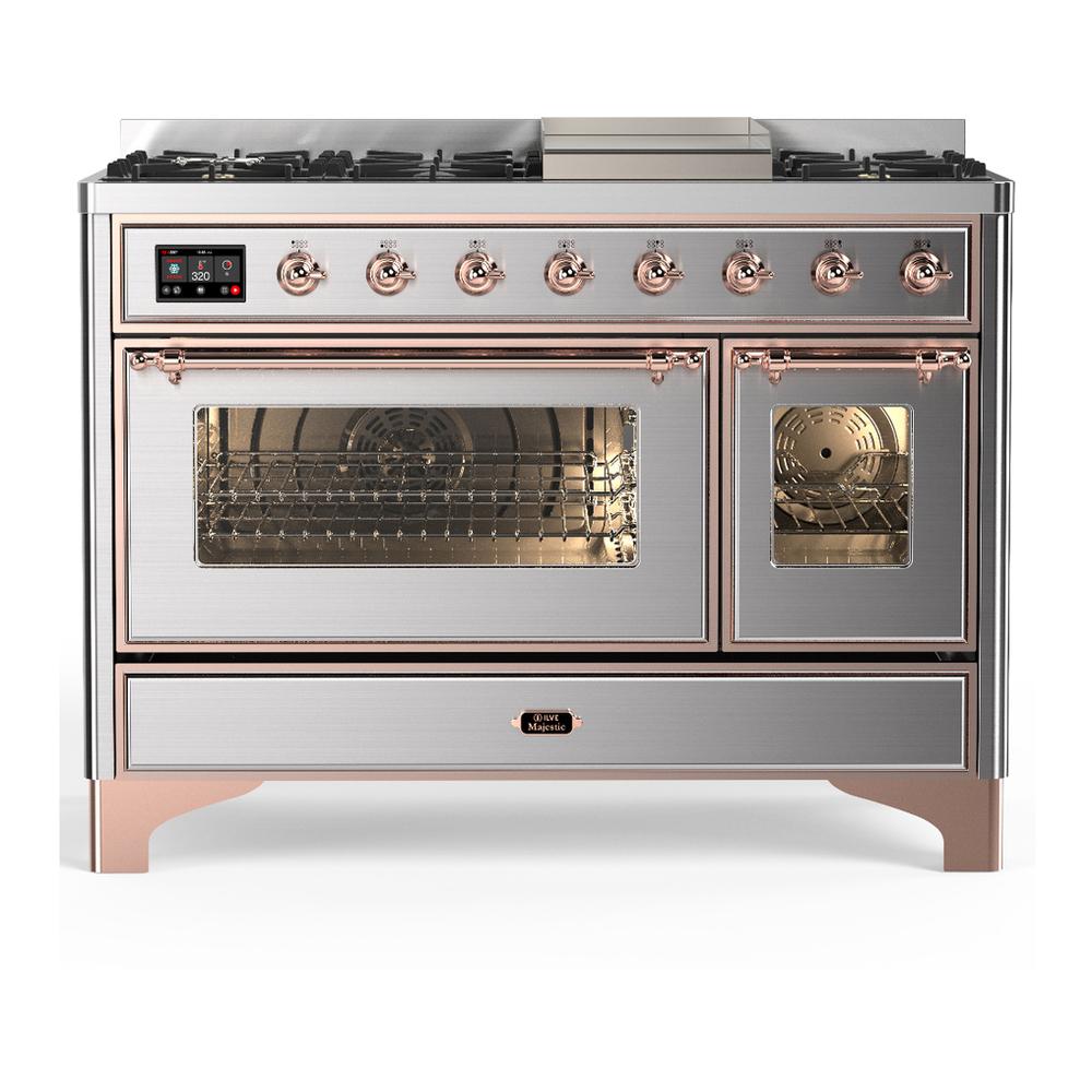 ILVE UM48FNR3SSPLP Majestic III 48 inch Dual Fuel Range with 8 Burners and Griddle, Dual Function Burner up to 25,000 BTU (Liquid Propane, Triple Glass Door, Stainless Steel, Copper)