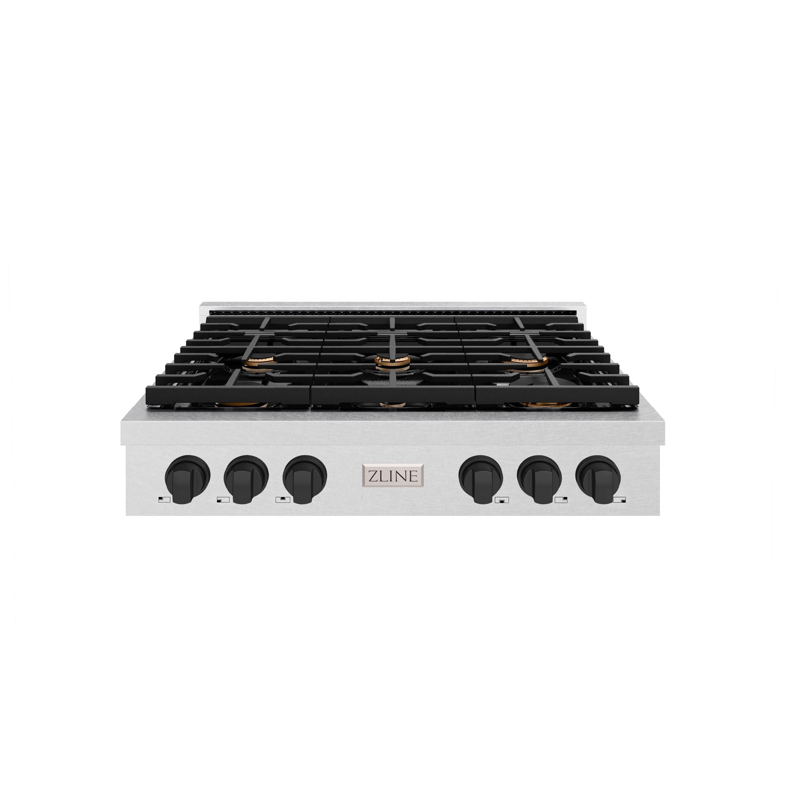 ZLINE 36 in. Autograph Edition Paramount Gas Rangetop with 6 Burners and Porcelain Cooktop in DuraSnow' Stainless Steel with Matte Black Accents (SRTSZ-36-MB)