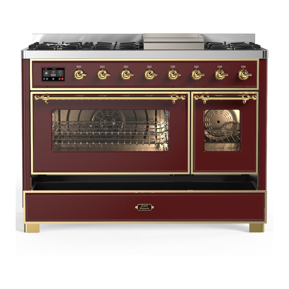 ILVE UM48FNR3BUG Majestic III 48 inch Dual Fuel Range with 8 Burners and Griddle, Dual Function Burner up to 25,000 BTU (Natural Gas, Triple Glass Door, Burgundy, Brass)