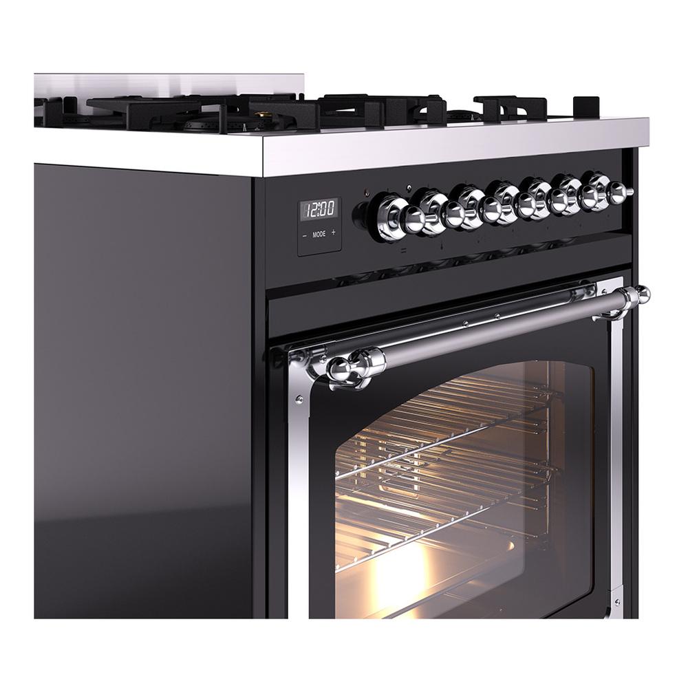 ILVE UN30NMPBKCLP Nostalgie II Noblesse 30 inch Dual Fuel Range (Liquid Propane, Triple Glass Door, Glossy Black, Chrome)