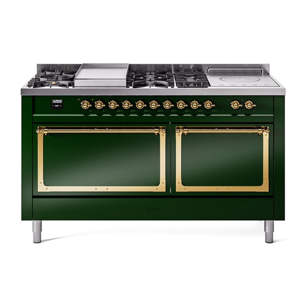ILVE UN60FSQNMPEGG Nostalgie II Noblesse 60 inch Dual Fuel Range (7 Sealed Burners + Griddle + French Top, Natural Gas, Solid Door, Emerald Green, Brass)