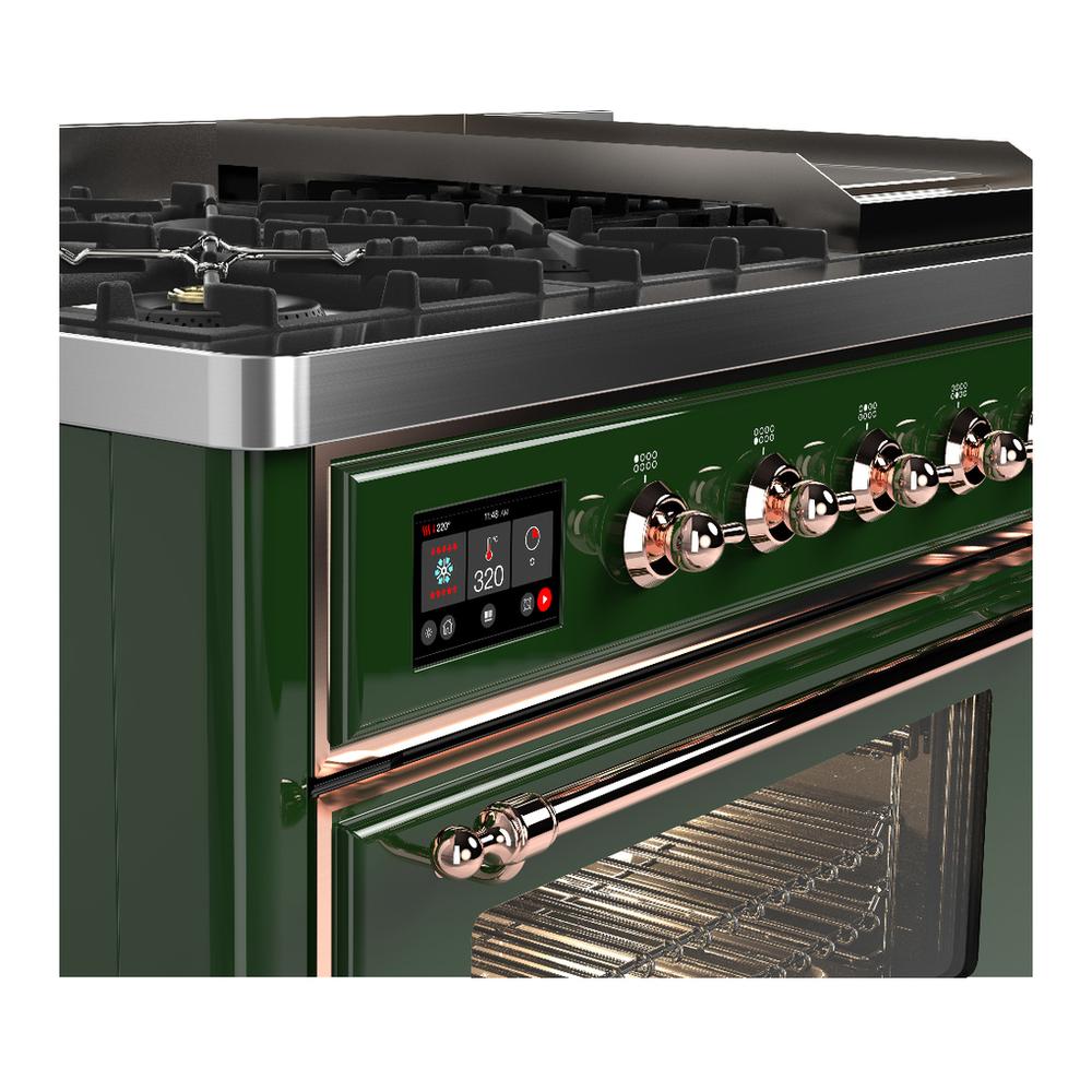 ILVE UM48FNR3EGP Majestic III 48 inch Dual Fuel Range with 8 Burners and Griddle, Dual Function Burner up to 25,000 BTU (Natural Gas, Triple Glass Door, Emerald Green, Copper)