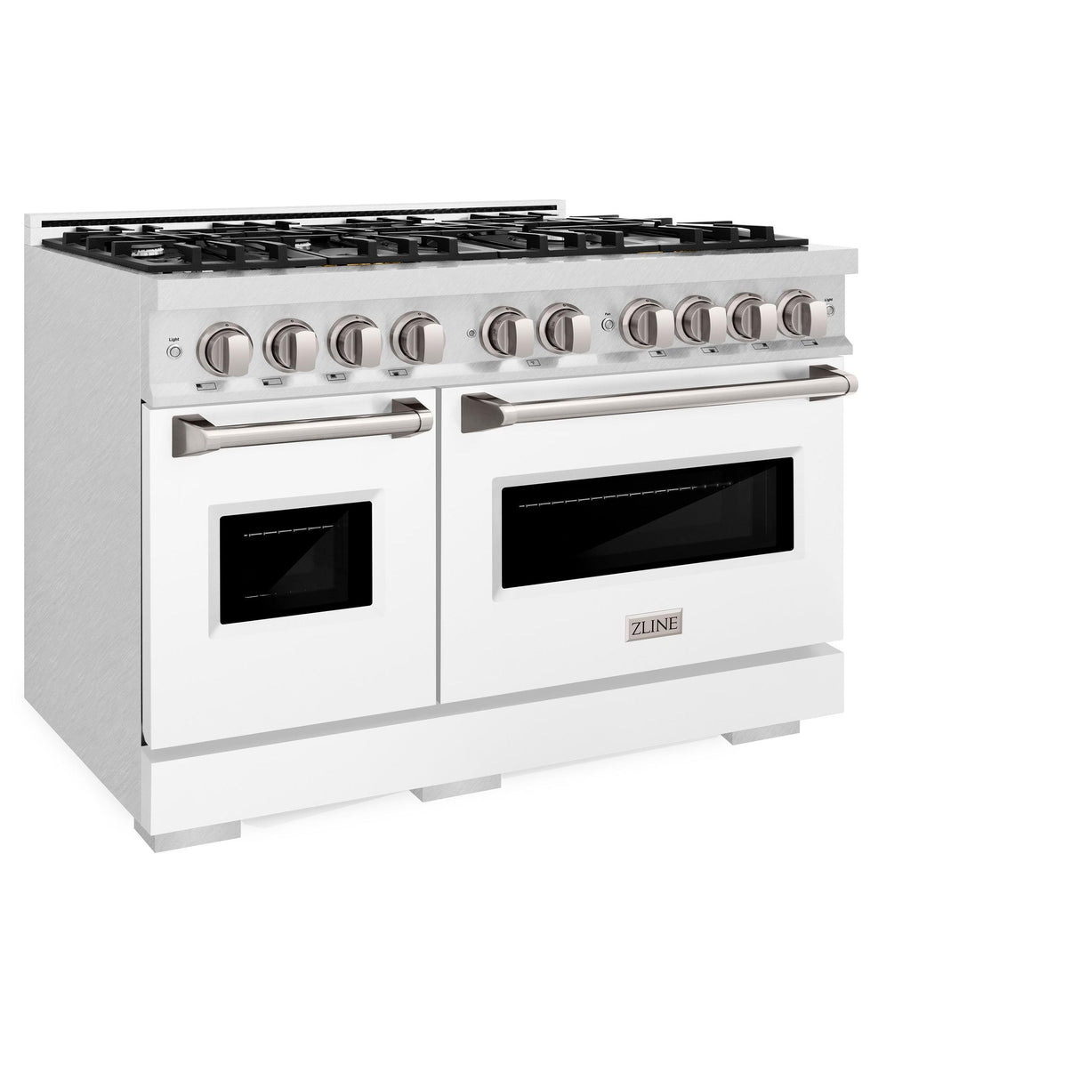 ZLINE 48 in. 6.7 cu. ft. Classic Double Oven Gas Range with 8 Burner Cooktop in DuraSnow' Stainless Steel with White Matte Doors (CGRS-WM-48)