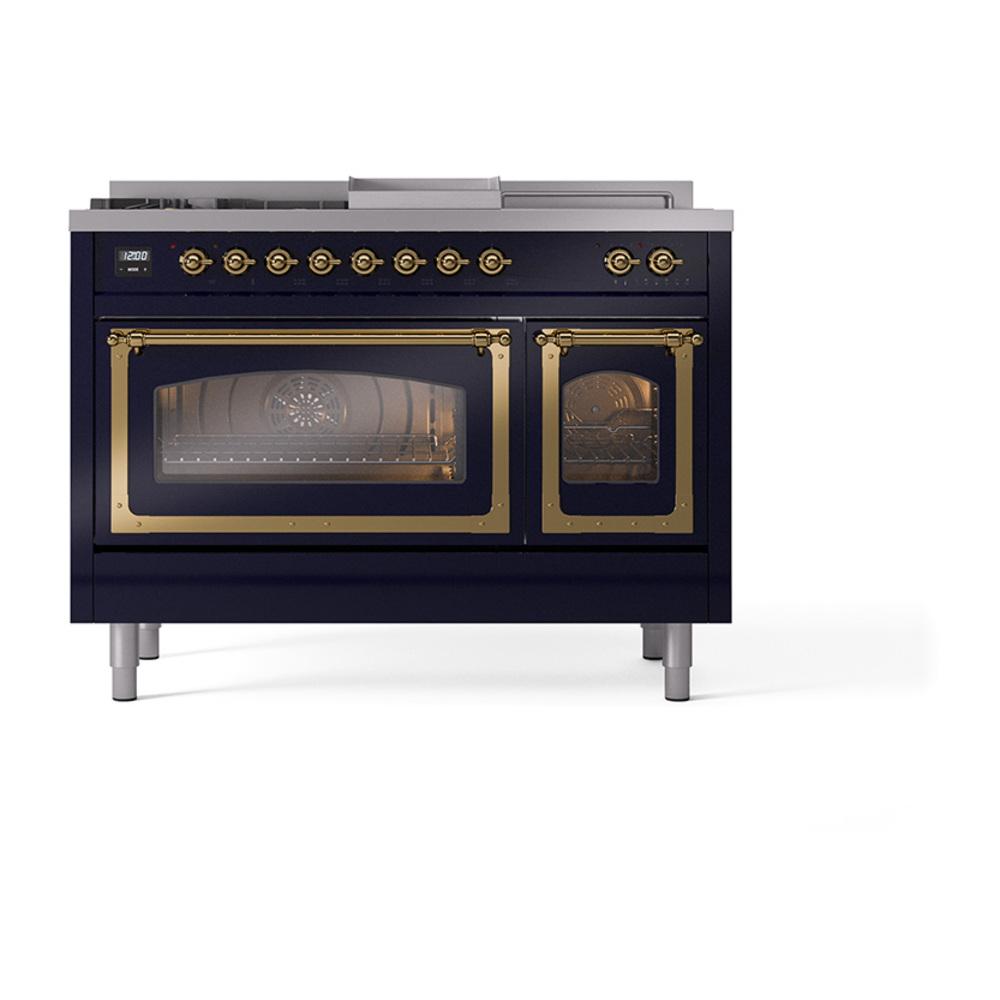 ILVE UN48FSNMPMBG Nostalgie II Noblesse 48 inch Dual Fuel Range (5 Sealed Burners + Griddle + French Top, Natural Gas, Triple Glass Door, Midnight Blue, Brass)