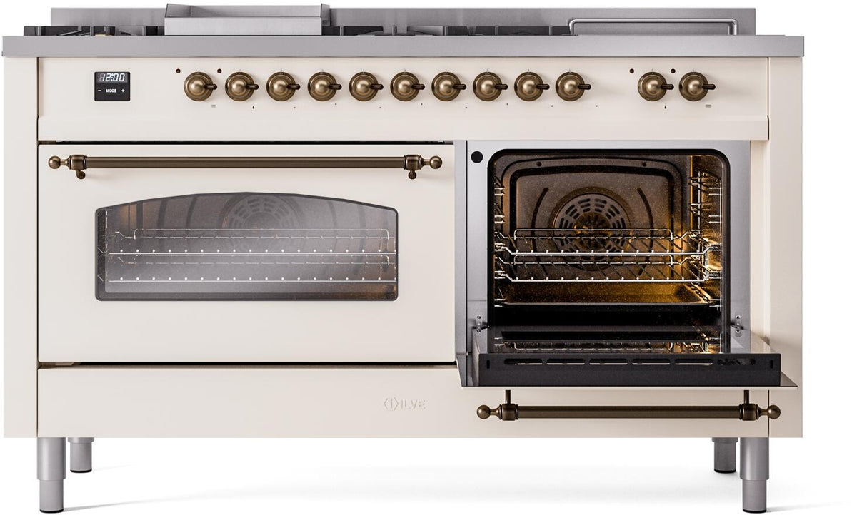 Nostalgie II 60 Inch Dual Fuel Liquid Propane Freestanding Range in Antique White with Bronze Trim