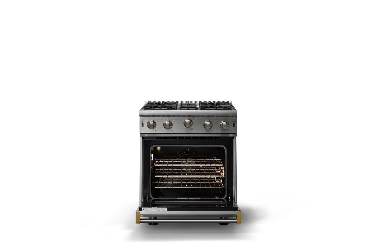 30"W. Open Burner Gas Range (Finish: Stainless Steel, Trim: Brushed Brass, Fuel: Propane)