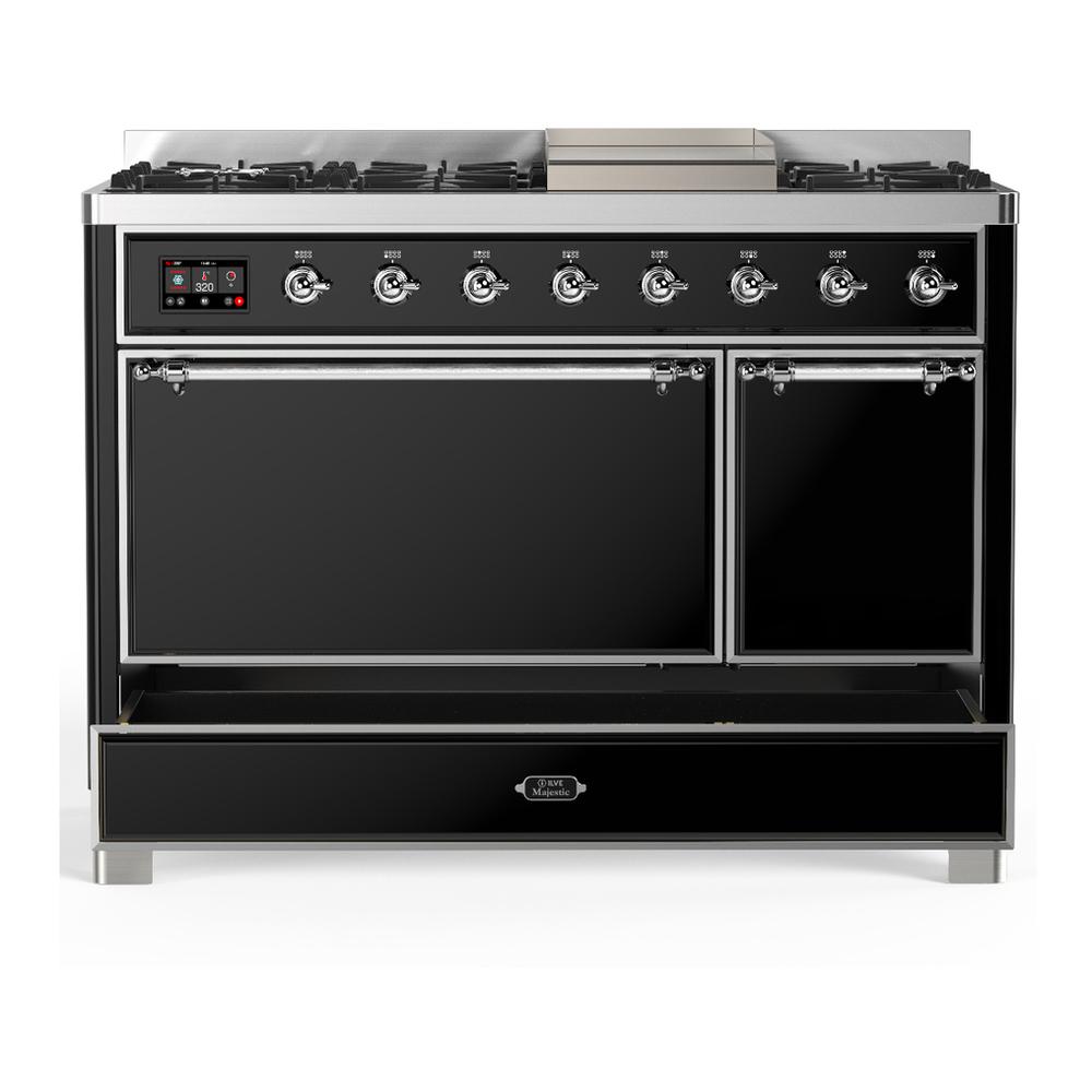 ILVE UM48FQNR3BKCLP Majestic III 48 inch Dual Fuel Range with 8 Burners and Griddle, Dual Function Burner up to 25,000 BTU (Liquid Propane, Solid Door, Glossy Black, Chrome)
