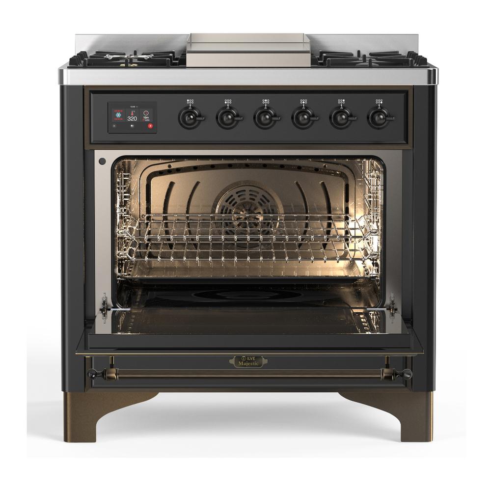 ILVE UM36FQNR3MGB Majestic III 36 inch Dual Fuel Range with 6 Black Brass Burners and Griddle, Dual Function Burner up to 25,000 BTU (Solid Door, Graphite Matte, Burnished, Natural Gas)