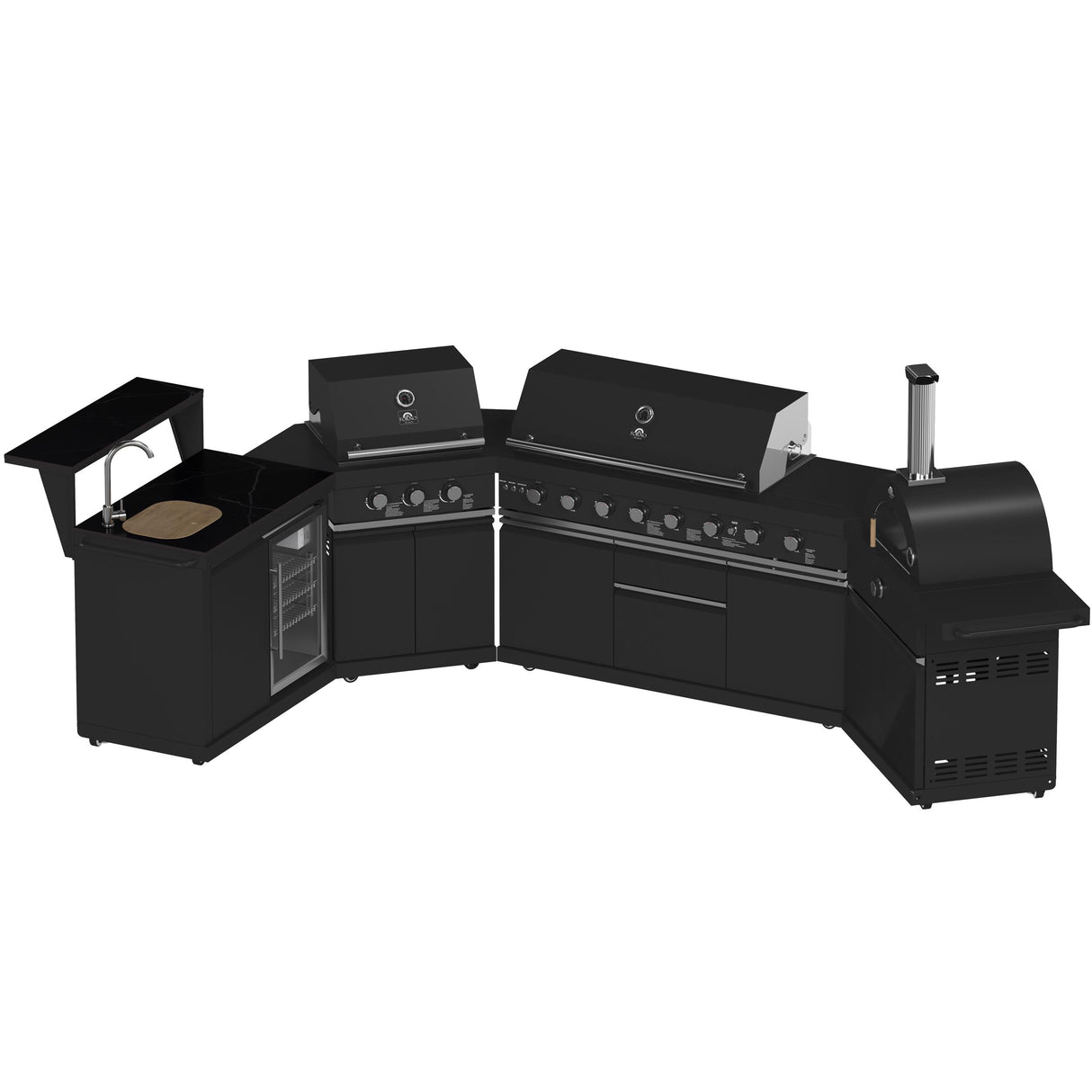 Forno All Aperto 99,600 BTU Outdoor Kitchen, 5 Burners, Infrared Burners, Side Burner, Black Sintered Stone Countertops, Gas Pizza Oven, Sink Module, Bar & Beverage Center