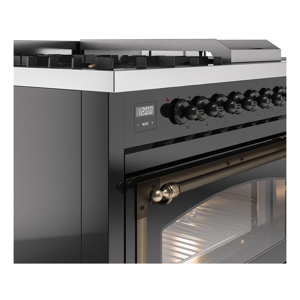 ILVE UN48FSNMPBKB Nostalgie II Noblesse 48 inch Dual Fuel Range (5 Sealed Burners + Griddle + French Top, Natural Gas, Triple Glass Door, Glossy Black, Burnished)
