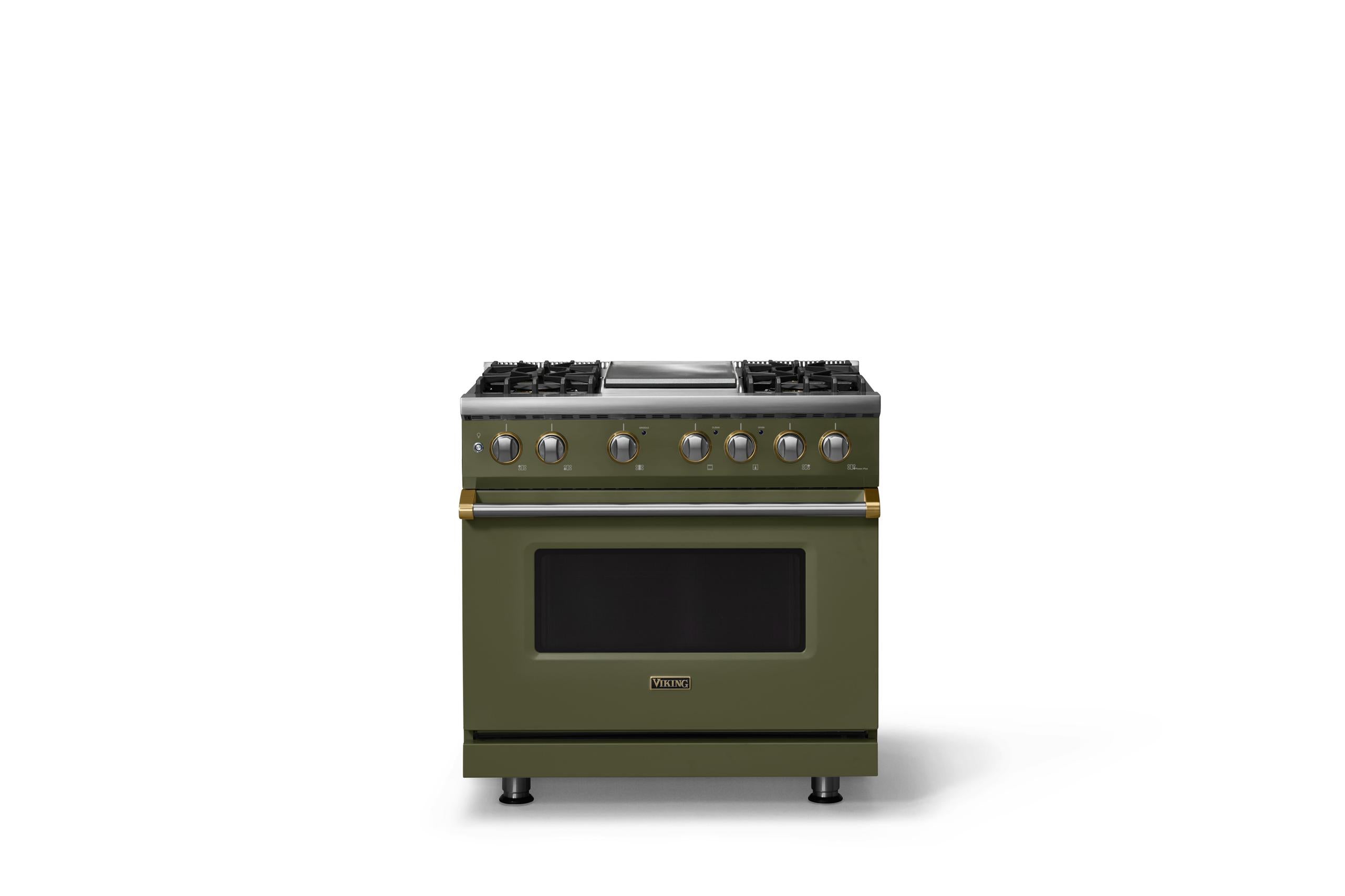 36"W. Dual Fuel Range (Burner: 4g, Finish: Martini, Trim: Brushed Brass, Fuel: Propane)