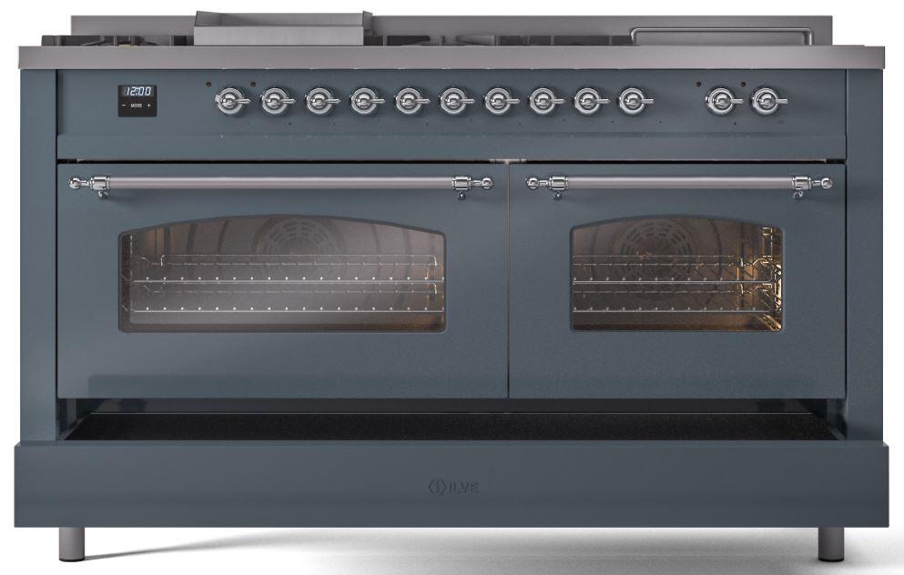 Nostalgie II 60 Inch Dual Fuel Natural Gas Freestanding Range in Blue Grey with Chrome Trim