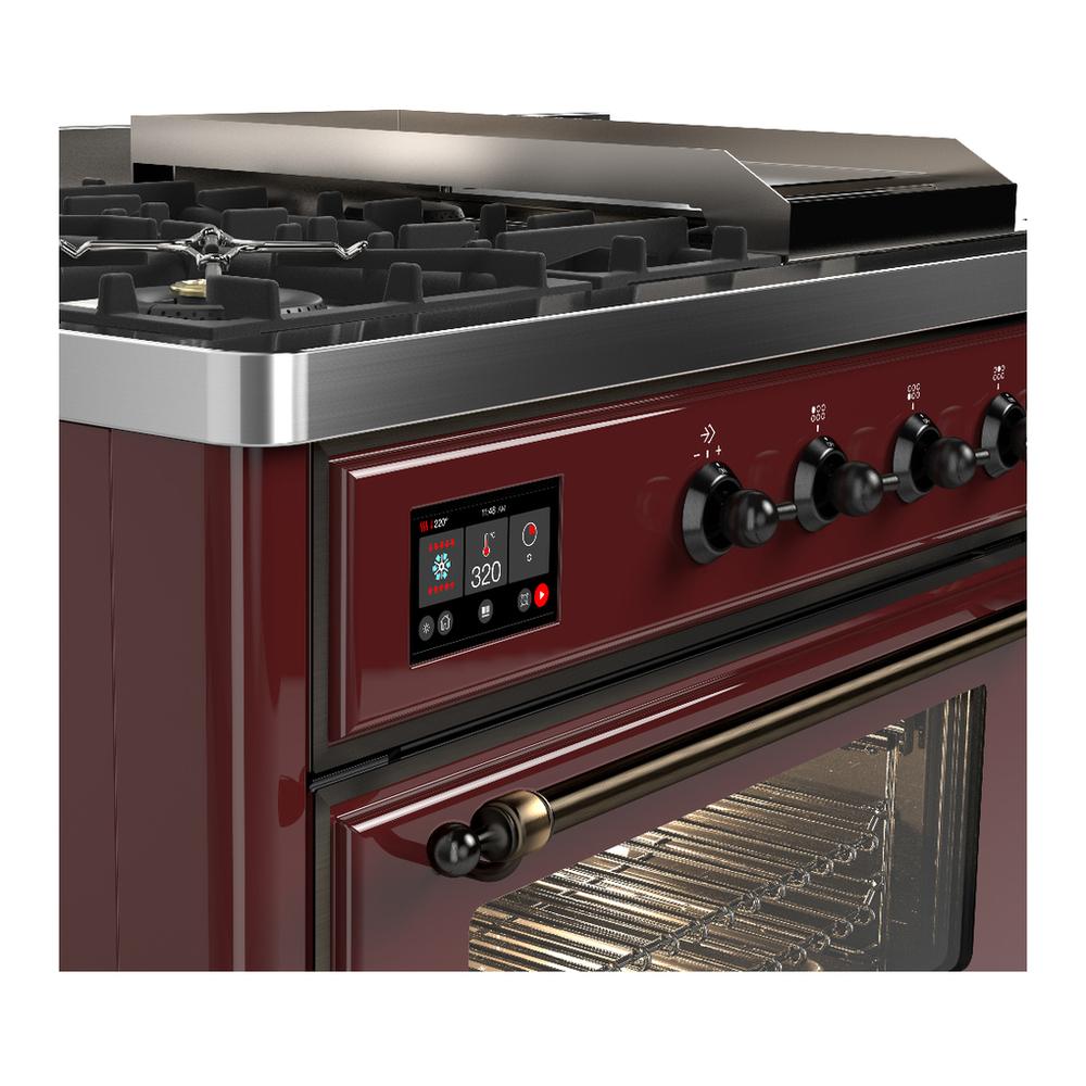 ILVE UM48FSNR3BUB Majestic III 48 inch Dual Fuel Range with 5 Black Brass Burners, Griddle and French Top, Dual Function Burner up to 25,000 BTU (Natural Gas, Triple Glass Door, Burgundy, Burnished)