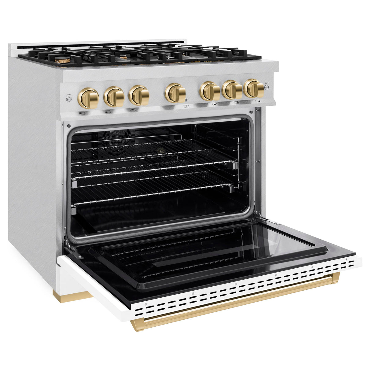 ZLINE Autograph Edition 36 in. 5.2 cu. ft. Classic Dual Fuel Range with 6 Burner Gas Cooktop and Electric Convection Oven in DuraSnow' Stainless Steel with White Matte Door and Polished Gold Accents (CDRSZ-WM-36-G)