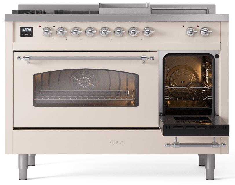 Nostalgie II 48 Inch Dual Fuel Liquid Propane Freestanding Range in Antique White with Chrome Trim