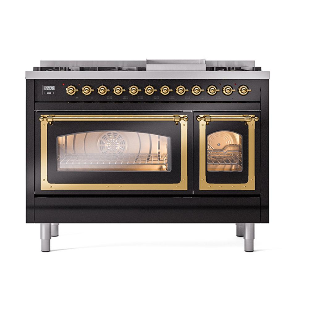 ILVE UN48FNMPBKG Nostalgie II Noblesse 48 inch Dual Fuel Range (8 Sealed Burners + Griddle, Natural Gas, Triple Glass Door, Glossy Black, Brass)