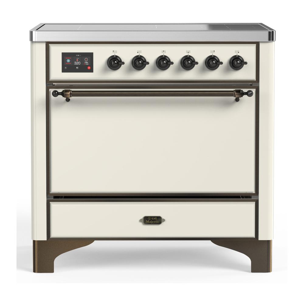 ILVE UMIB36QNR3AWB Majestic III 36 inch Induction Range with 6 Elements, 3.5 cu. ft. Total Oven Capacity (Solid Door, Antique White, Burnished)