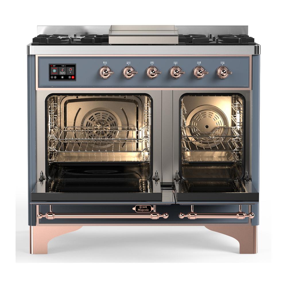 ILVE UMD40FQNR3BGPLP Majestic III 40 inch Dual Fuel Range with 6 Burners and Griddle, Dual Function Burner up to 25,000 BTU (Liquid Propane, Solid Door, Blue Grey, Copper)