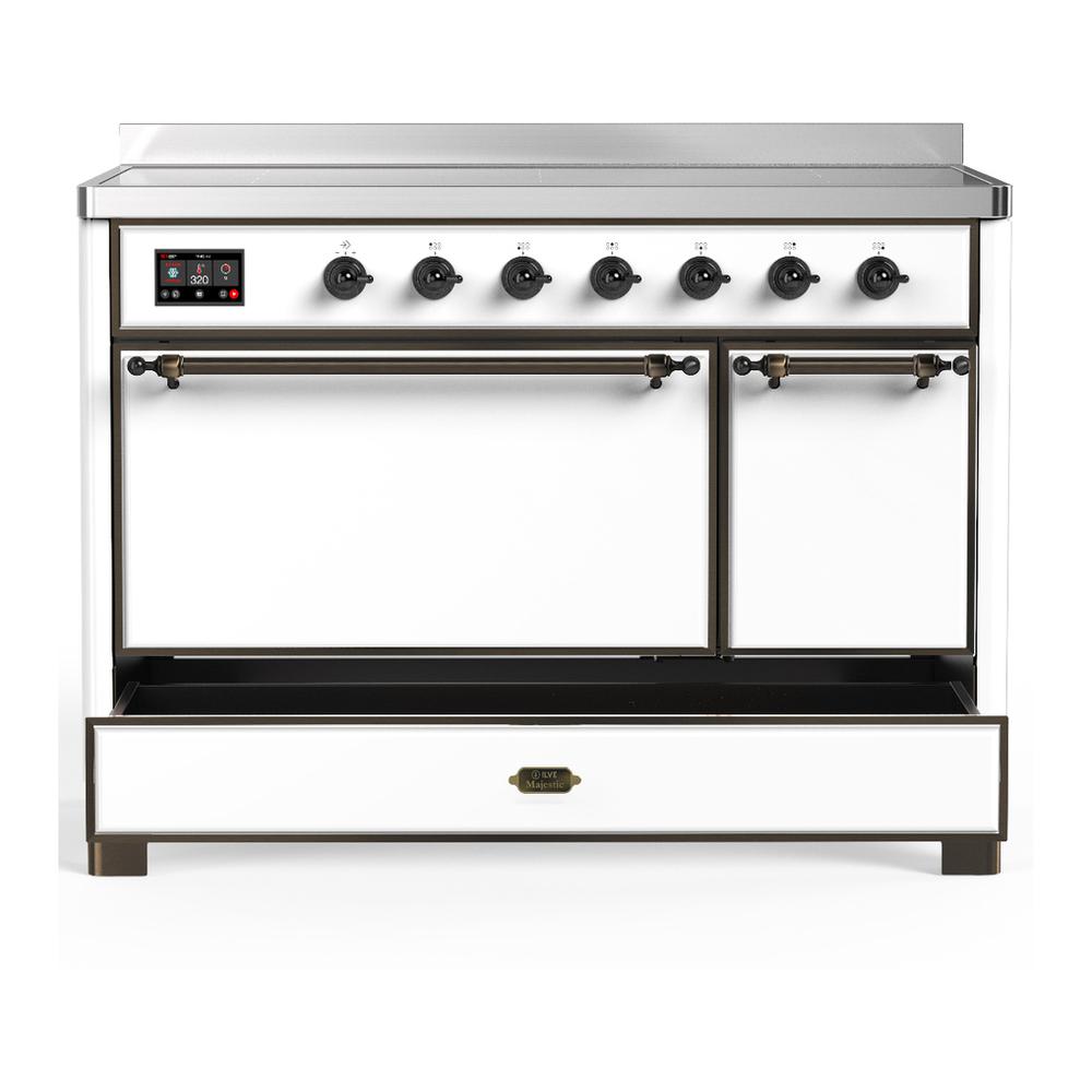ILVE UMIB48QNR3WHB Majestic III 48 inch Induction Range with 6 Elements, 5.02 cu. ft. Total Oven Capacity (Solid Door, White, Burnished)