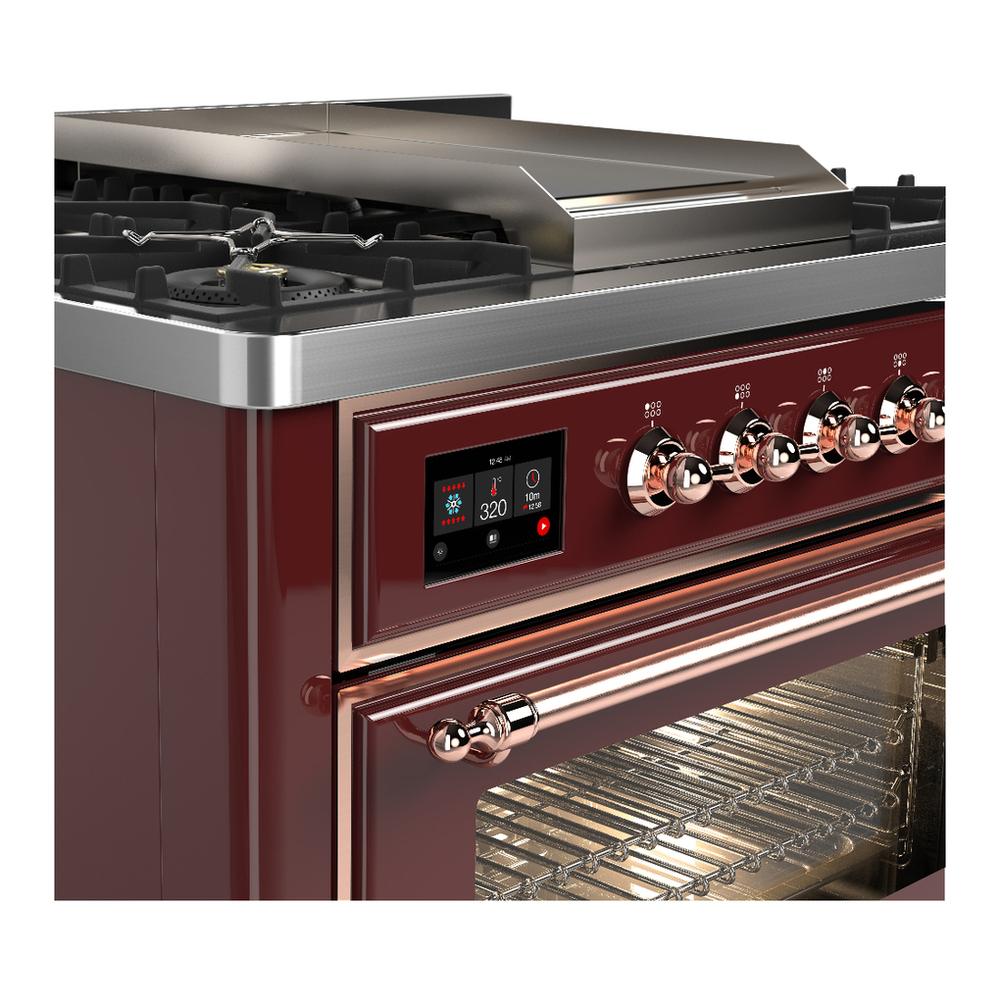 ILVE UM36FNR3BUP Majestic III 36 inch Dual Fuel Range with 6 Black Brass Burners and Griddle, Dual Function Burner up to 25,000 BTU (Triple Glass Door, Burgundy, Copper, Natural Gas)