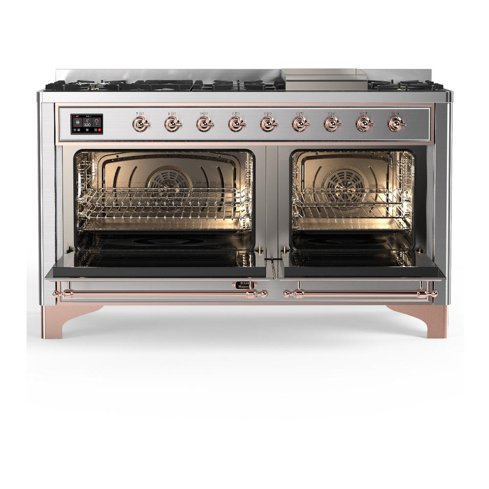 ILVE UM60FNR3SSP Majestic III 60 inch Dual Fuel Range with 9 Burners and Griddle, Dual Function Burner up to 25,000 BTU (Natural Gas, Triple Glass Door, Stainless Steel, Copper)